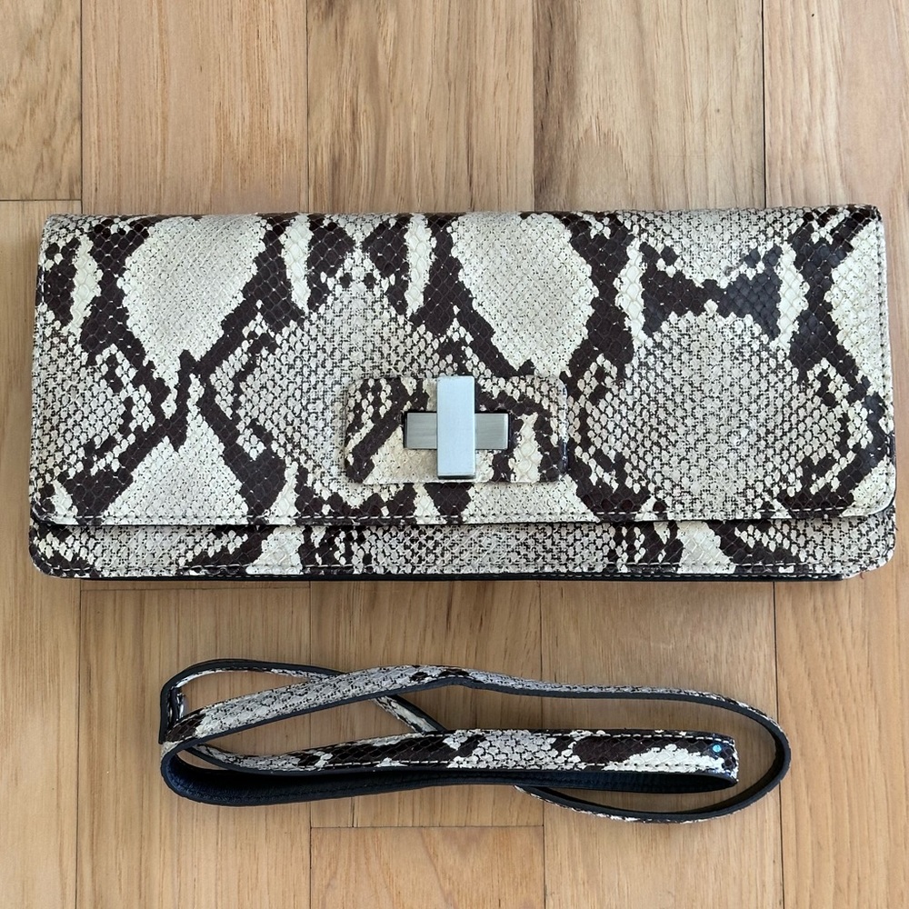 Donald J. Pliner Black and Cream Snakeskin Clutch